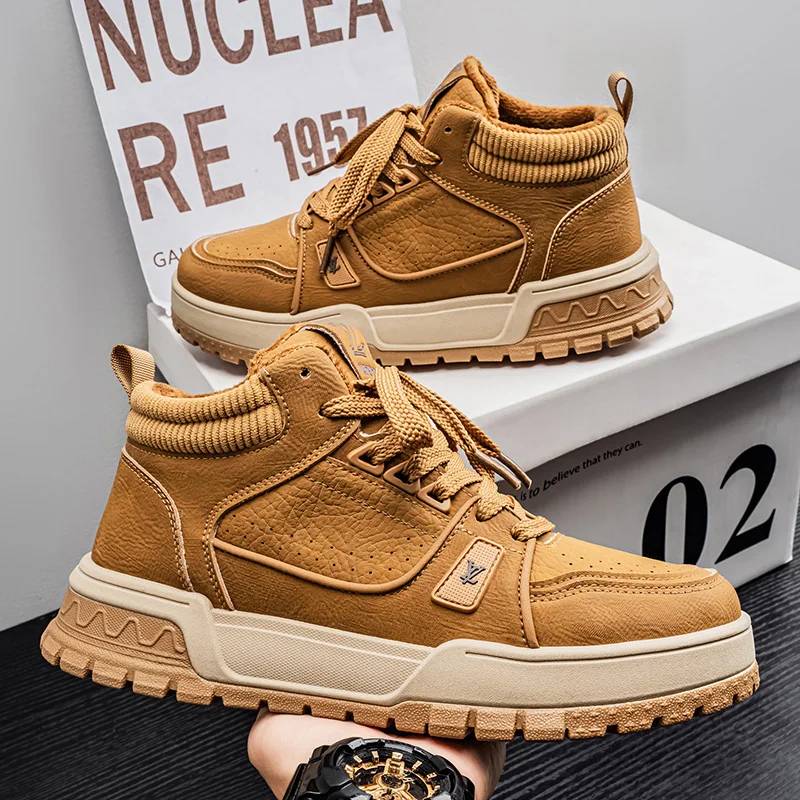 

Зимние теплые хлопковые мужские туфли для скейтборда, удобные туфли на платформе с высоким берцем, мужские брендовые кроссовки, коричневые мужские туфли на шнуровке