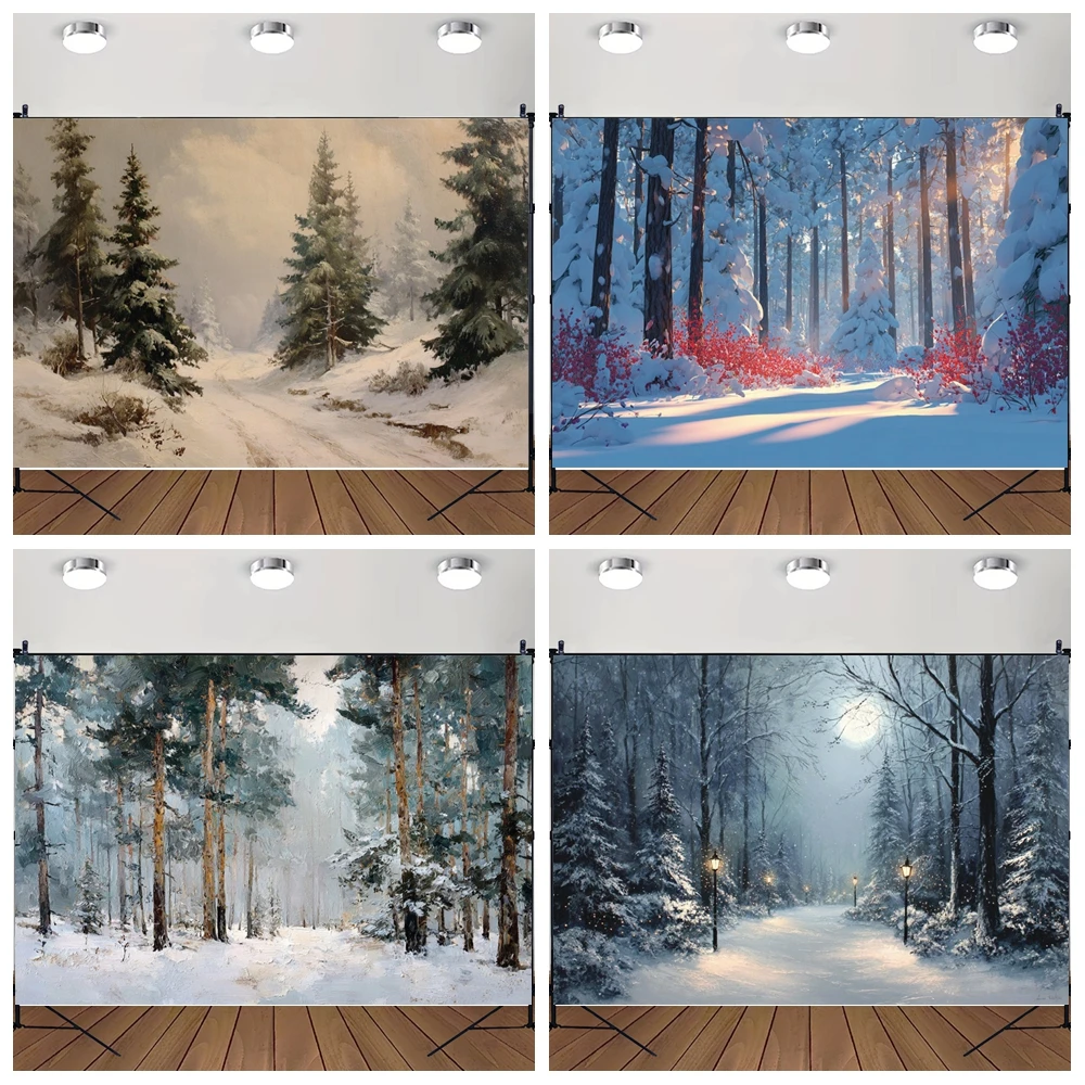 

MOON.QG Woods Snow Photography Background Lamp Christmas Trees Backdrop Accessories Baby Party Decorations Studio Poster Props
