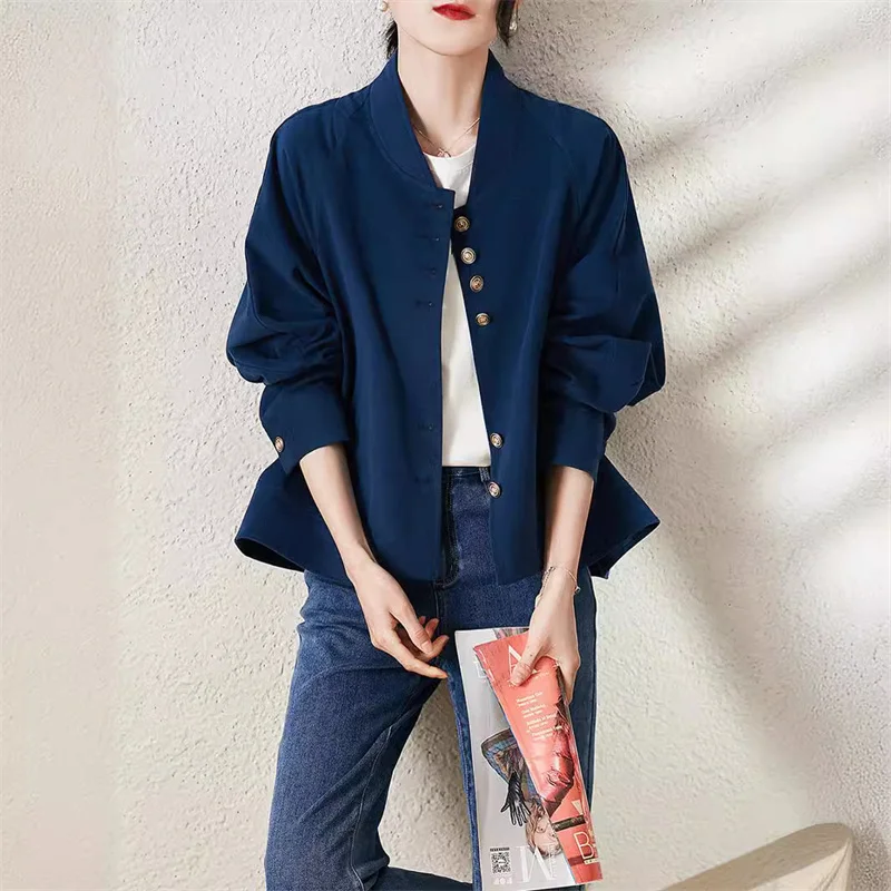 

Spring New Design Sense Retro Indigo Cotton Bat Sleeves Standing Neck Casual Baseball Coat for Women 121