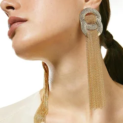 Stonefans Statement Metal Chain Long Tassel Earrings Jewelry for Women 2024 Oversize Rhinestone Round Earrings Double Circle
