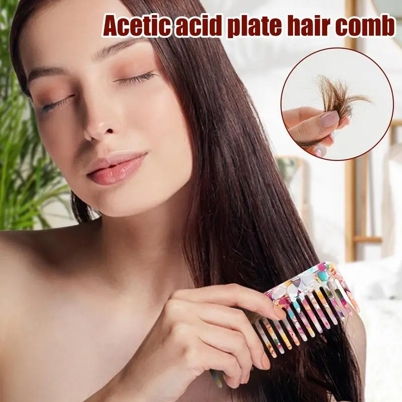 Cabelo acetato Detangling Pente, antiestático, marmoreado, dente largo, artesanal, serra-corte, polido