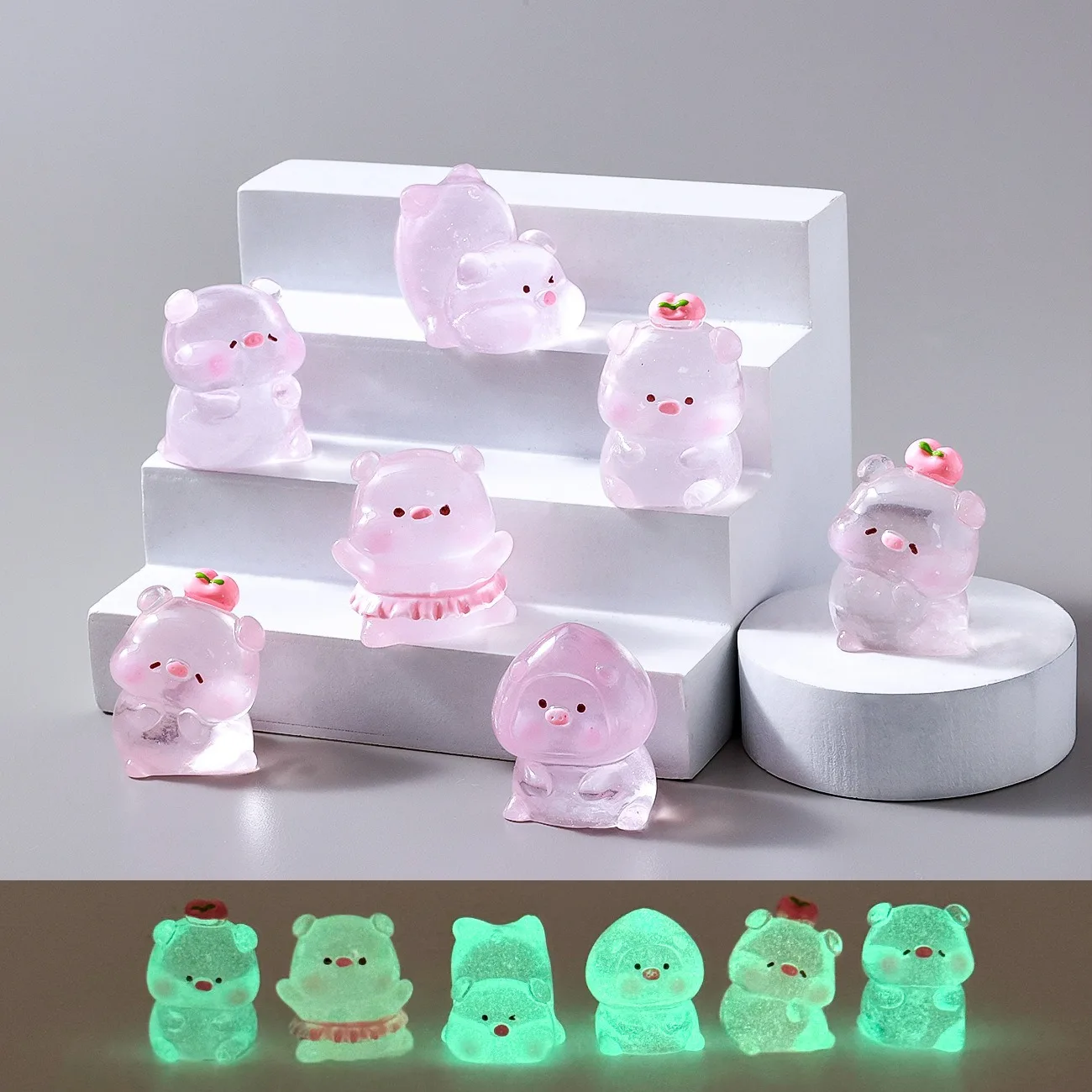 

6Pcs Sanrio Cartoon Pig Figurine Transparent Pink Pig Cute Noctilucent Tabletop Ornament Collectible Toys Gift Decoration