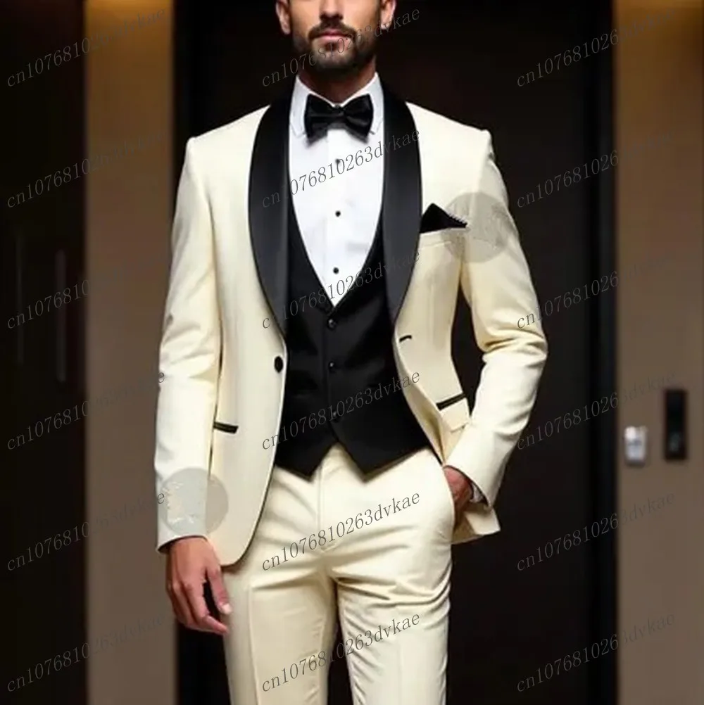 

New White And Black Men Suit Groom Groomsman Wedding Party Formal Occasion Business Male Tuxedo 3 Piece Set Blazer Pants Vest