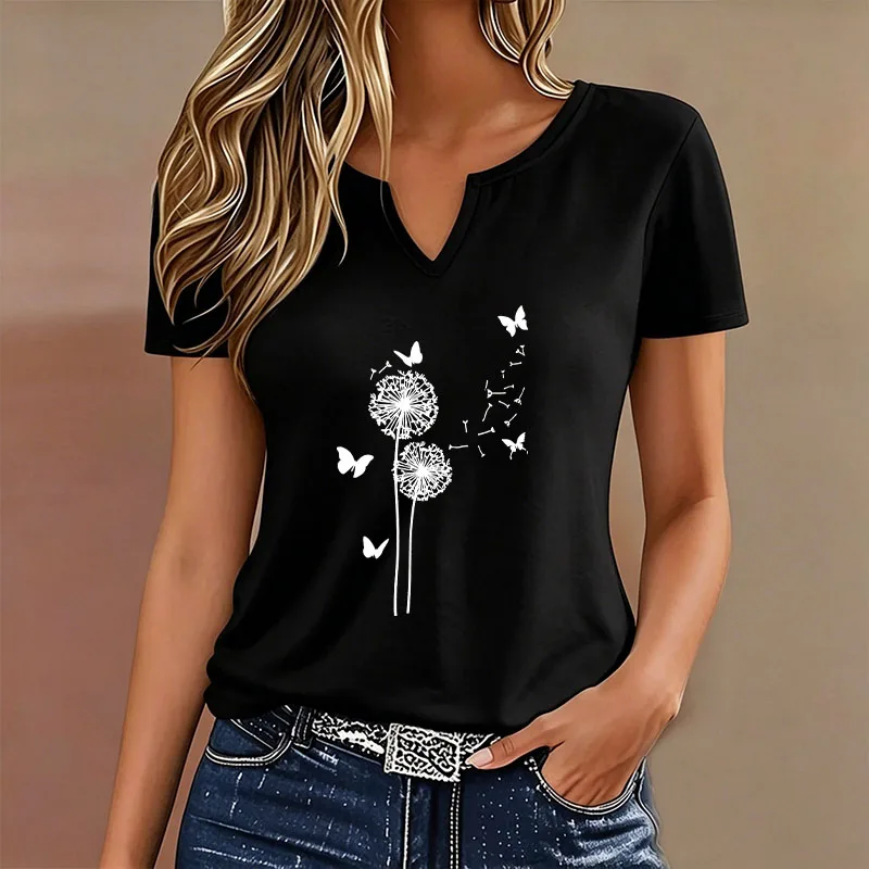 Fashion Dandelion with Butterfly T-shirt V Neck Casual Y2k T Shirts Women Short Sleeve Tee Shirt V-Neck Summer Spring