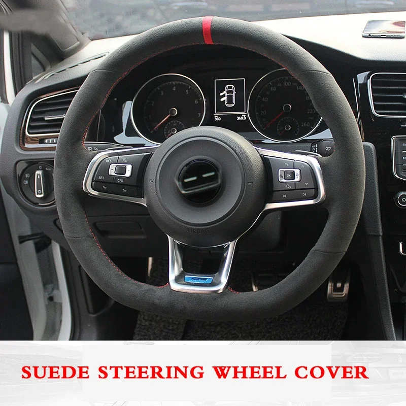 

For Volkswagen Golf 7 Golf R MK7 VW Polo GTI Scirocco 2015 2016 Hand-stitched Anti-Slip Black Suede DIY Steering Wheel Cover