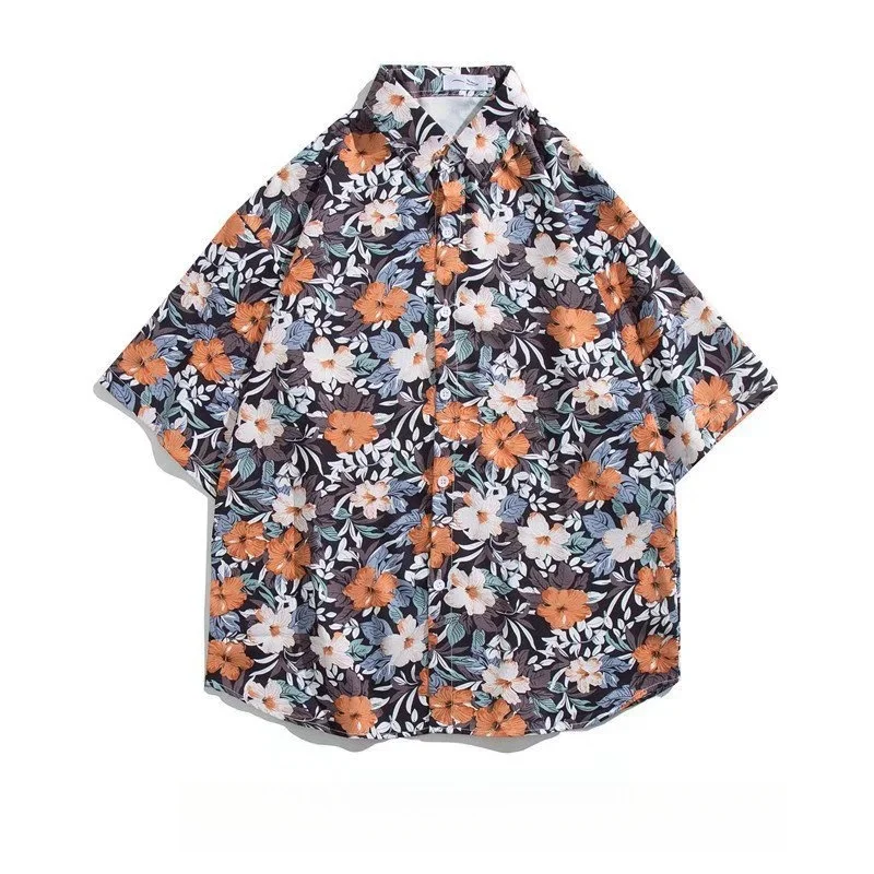 Camisa floral estampada de manga curta masculina, casual, solta, bonito, versátil, havaiana, praia, casaco de meia manga, moda verão