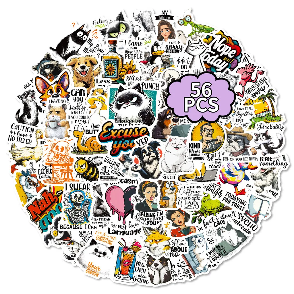 56Pcs Funny Quote Cartoon Stickers, Creative Humorous Decals for Phone & Laptop DIY Decoration Golden Memory Stickers Store