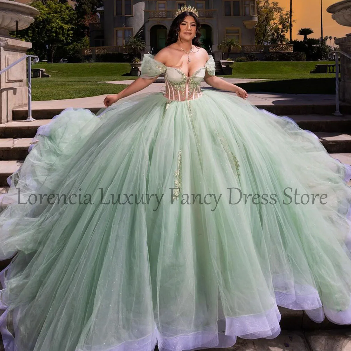 Messicano 2024 verde abito Quinceanera abito da ballo con spalle scoperte dolce 15 16 3D Applique floreale corsetto con perline Vestidos De 15 aecos