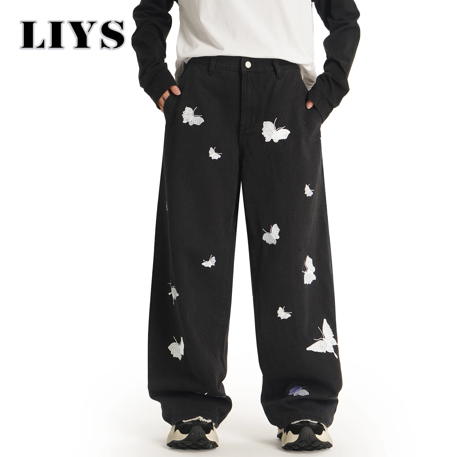 الكورية السوداء عارضة Y2K فضفاض واسعة الساق الرجال الجينز الأمريكية الرجعية فراشة التطريز فضفاض المتخصصة تصميم للجنسين الدنيم السراويل