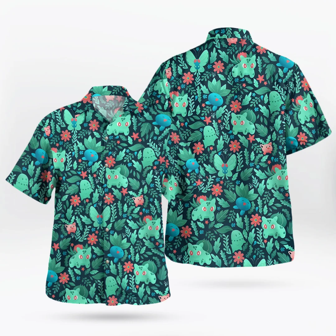 Recommended New Trendy Brand Green Leaf Printed Short Sleeved Shirt, Loose Fitting Unisex Vacation Beach Outfit Shirt