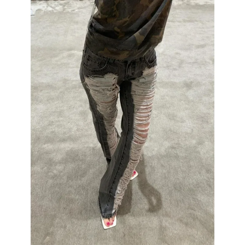 Grey Ripped Skinny Jeans Women Harajuku Vintage Y2k Denim Trousers Japanese 2000s Style Emo Oversize Jeans Long Pants Clothes