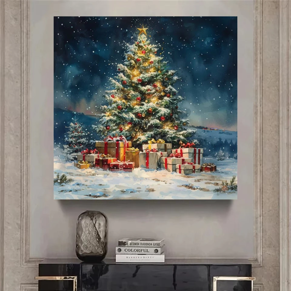 Snowy Christmas Tree Scenery Oil Painting By Numbers on Canvas Wall Decoration for Living Room Handmade Hobby Gift