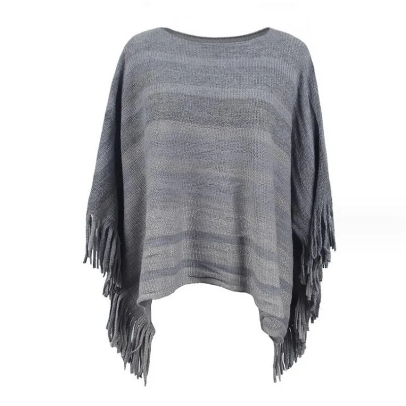 Knitted Sweater Women Slash Neck Tassel Shawl Style Sweater Autumn Thin Striped Cape Knitted Outwear