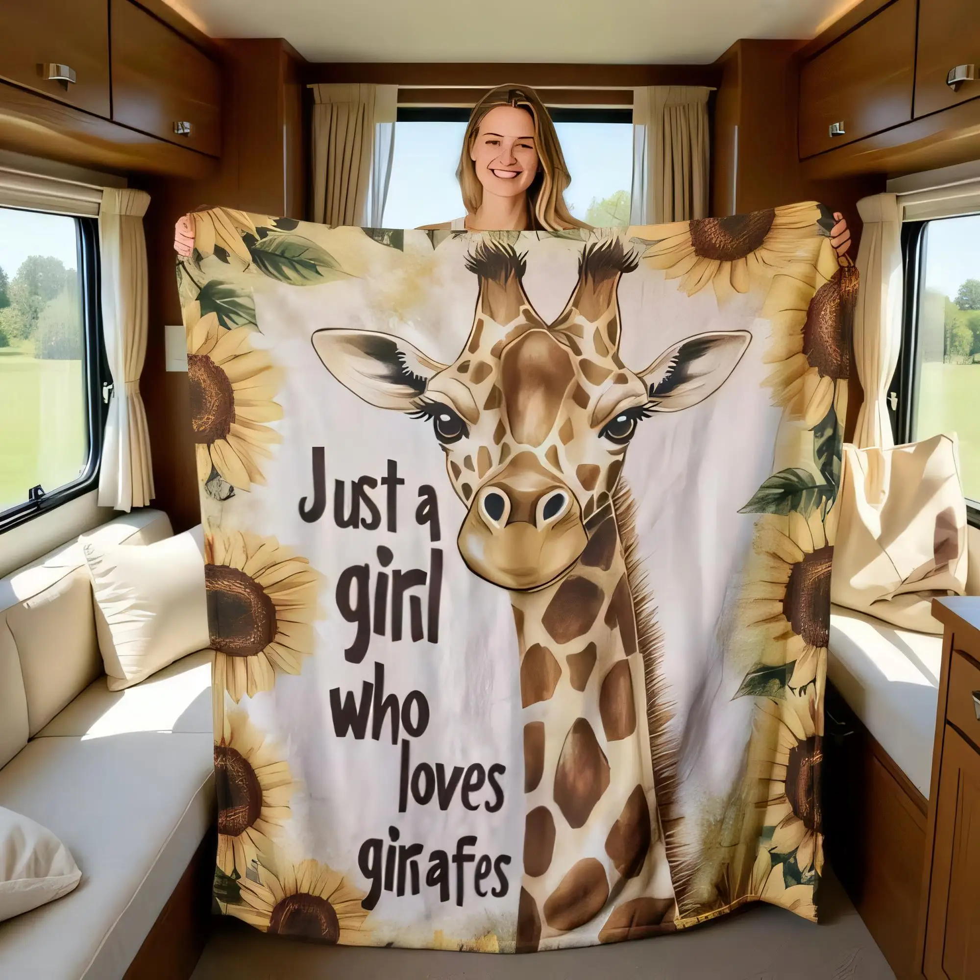 Giraffe Blanket with Sunflowers Colorful Soft Cozy Throw for RV Travel - Just a Girl Who Loves Giraffes Multifunctional Home Dec