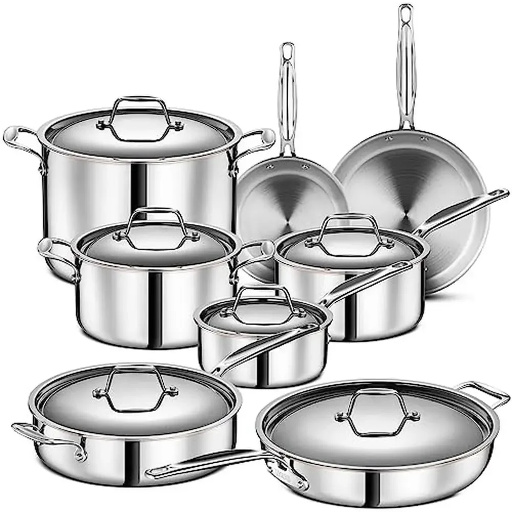 5-Ply Copper Core Stainless Steel Pots & Pans Set 14pc Professional Home Cooking Cookware Kit