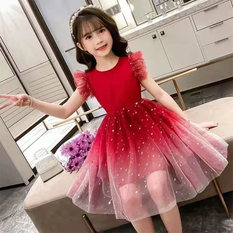 2024 Summer Girls Stars Gradient Short Sleeves Dress Kids Lace Mesh Princess Dress Children Halloween Carnival Party Costume