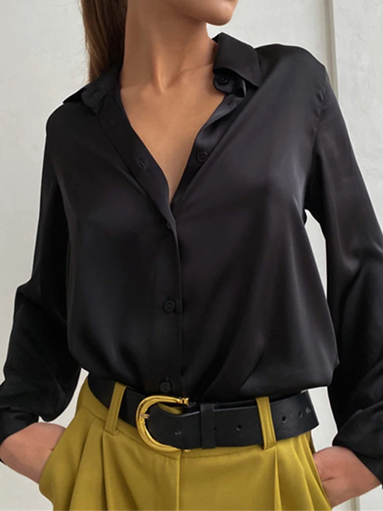 Glossy Satin Shirt 2024 Spring Summer Female Chic Vintage Casual Loose Single Breasted Fashion Blouses Office Lady Basic Clothes