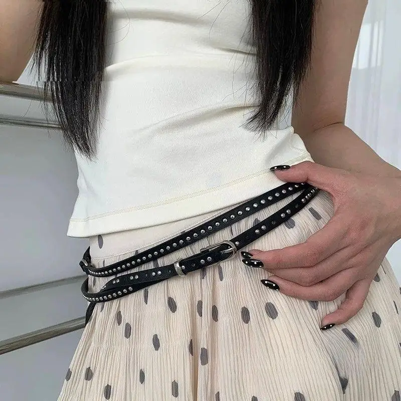 

Ins Fashion Double Belt Pu Leather Belt Versatile Personality Spice Girl Accessory Belt Punk Rivet Leather Double Thin Belt