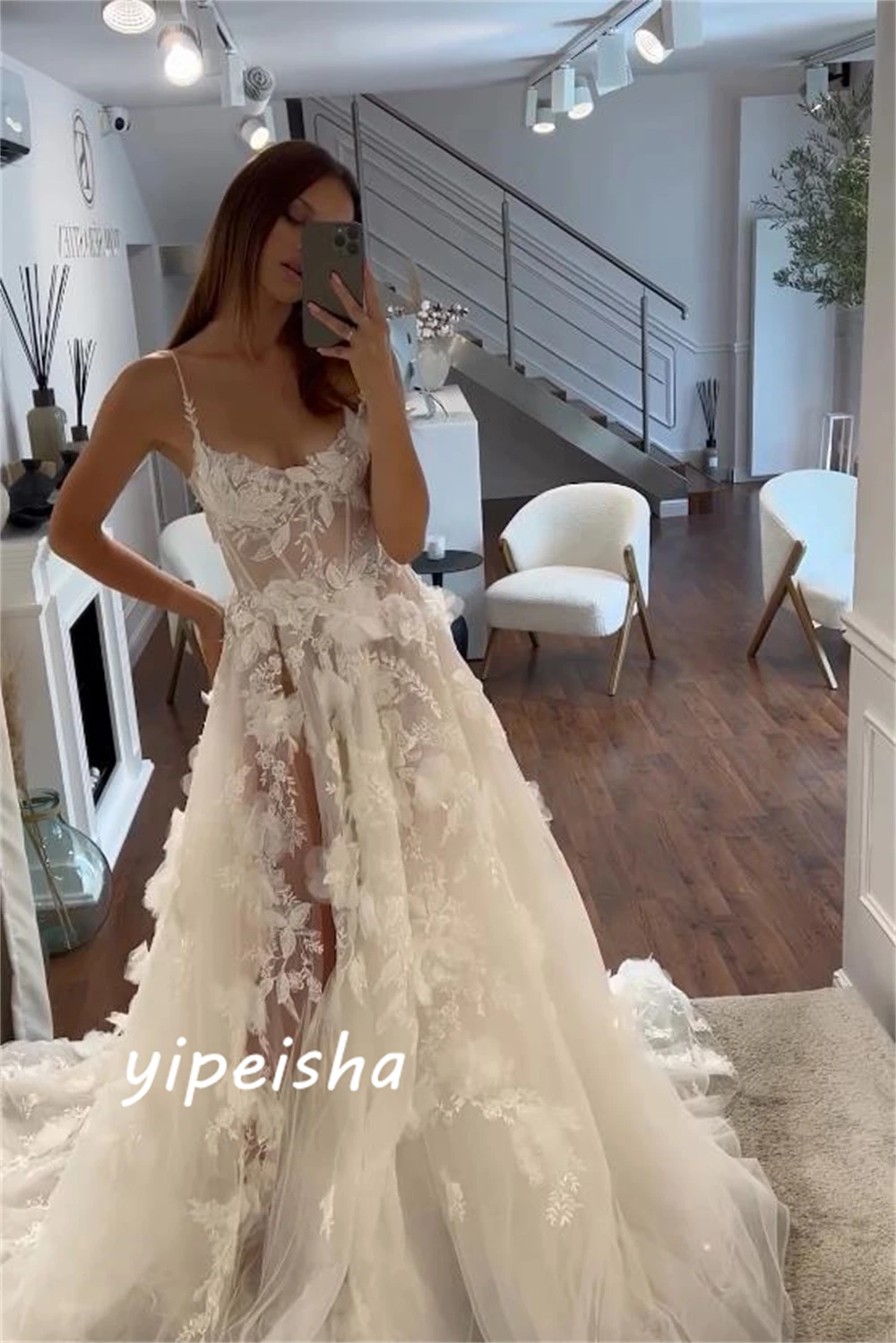 Berkilau indah kualitas tinggi Tulle terbungkus Pleat Applique Natal A-line tali Spaghetti Bespoke acara gaun panjang