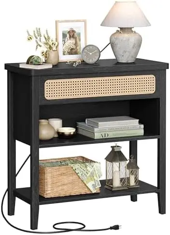 Console Table with Power Outlets, Storage Shelf, Drawer, Boho Style, Ash Black ULNT140B21