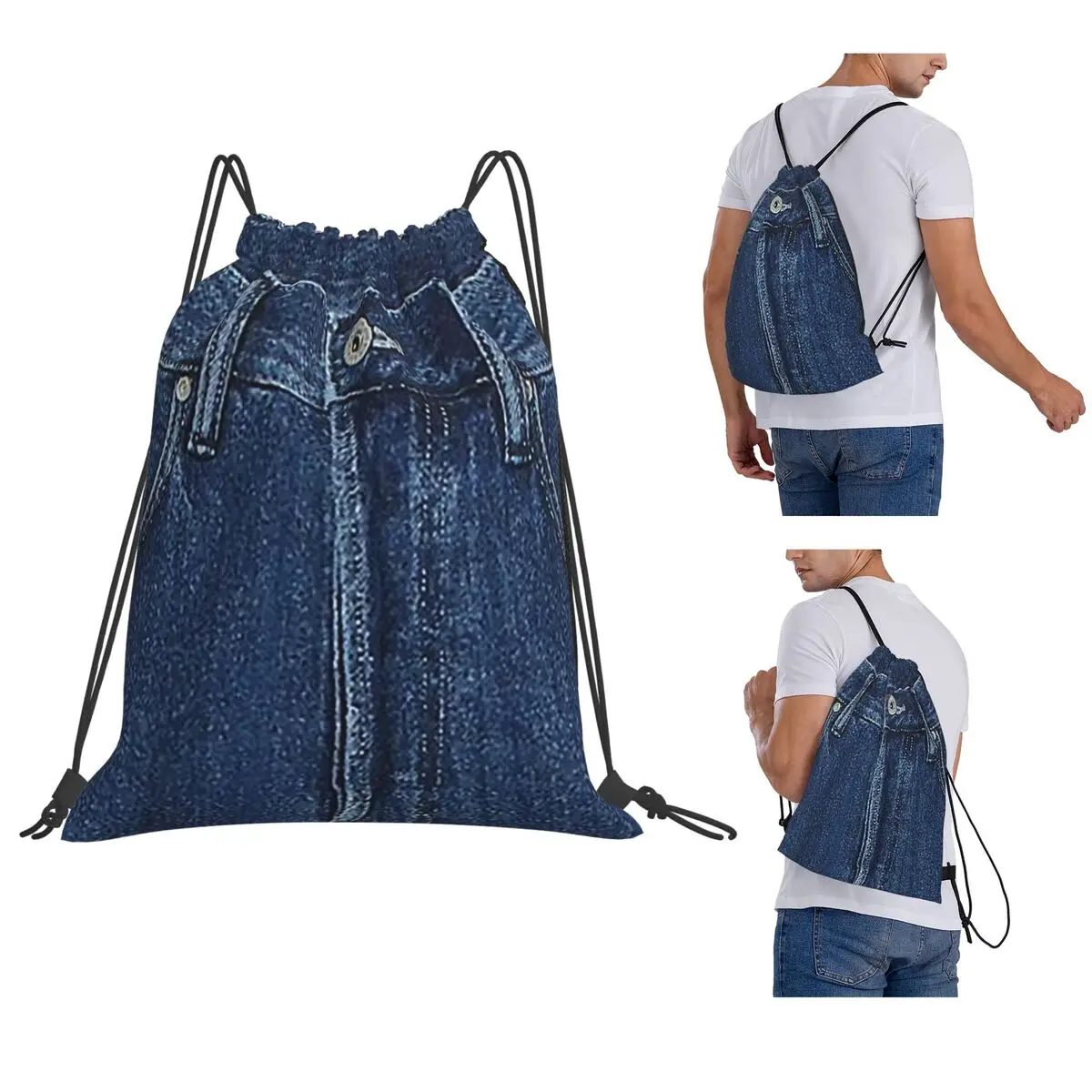 Blue Denim Classic Jeans Texture Backpacks Multi-function Drawstring Bags Sundries Bag Book Bags for Travel Students