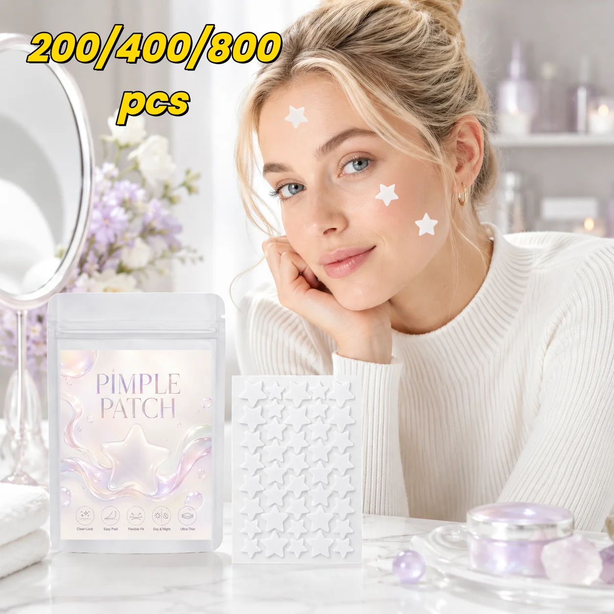 Pimple Patches (200/400/800 Pieces), 40 Patches per Sheet, White Star Shapes—Ultra-Thin, Easy Peel, Clean Minimal Look