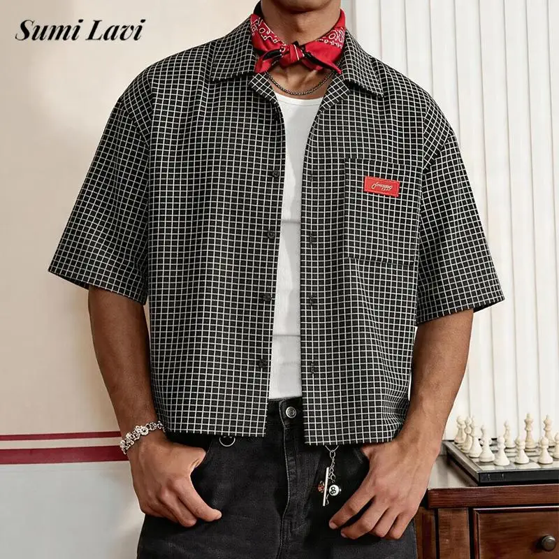 Vintage Button-up Turn-down Collar Short Shirts Men Summer Casual Plaid Printed Shirt Tops Mens Trendy Cropped Shirt Streetwear
