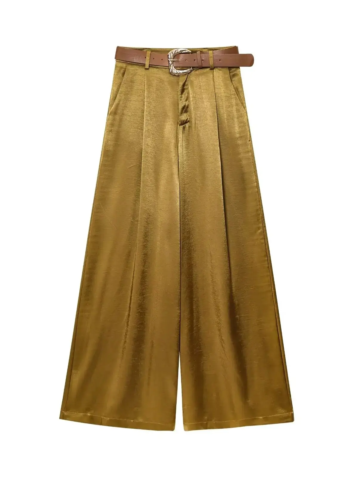 2025 Autumn Women's Vintage Designer Smooth Soft Satin Pants with Belt Lady Elegant High Waist Loose Wide Leg Straight Trousers