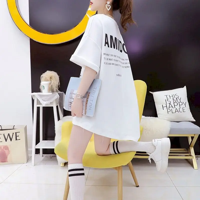 Cotton T Shirt Women Summer Irregular Short-sleeved T-shirt Korean Style Casual Crewneck Loose Tops Letter Print Fashion Tshirt