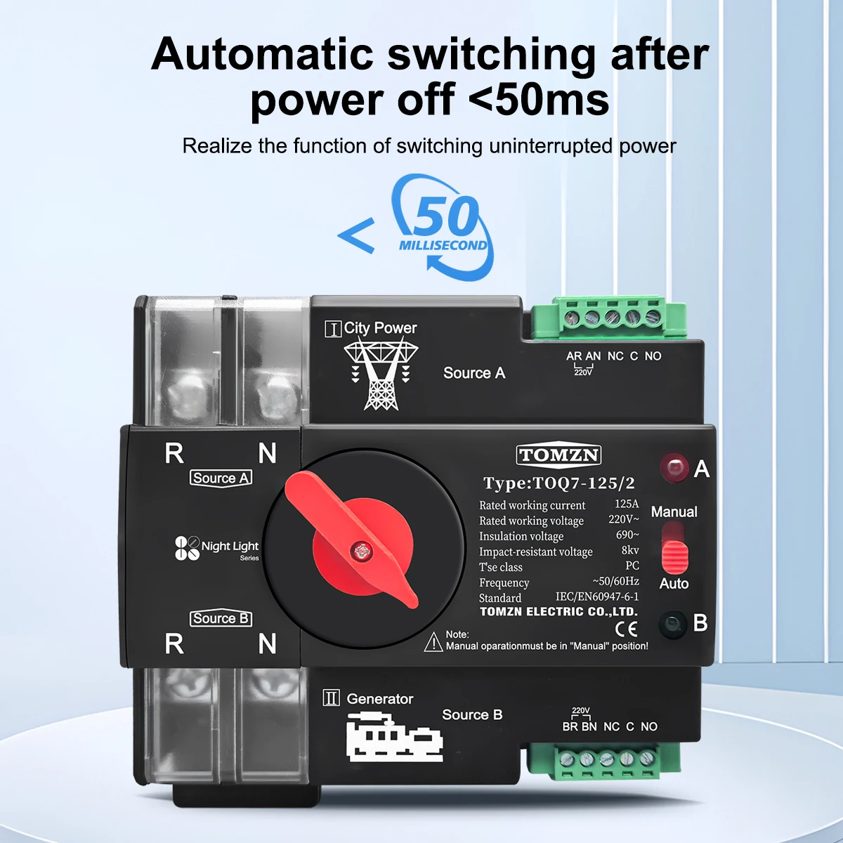 Picture 5: TOMZN Din Rail 3 phase 2P3P4P 63A 100A 125A 230V Dual Power Automatic Transfer Electrical Selector Switch Uninterrupted ATS TOQ7