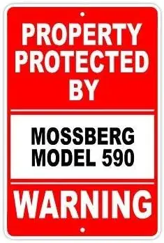 Metal tin Sign es Protected by MOSSBERG Model 590 Gun Pistol Rifle Revolver Ammo Aluminum Sign, Tinsigneua20243-aluminum
