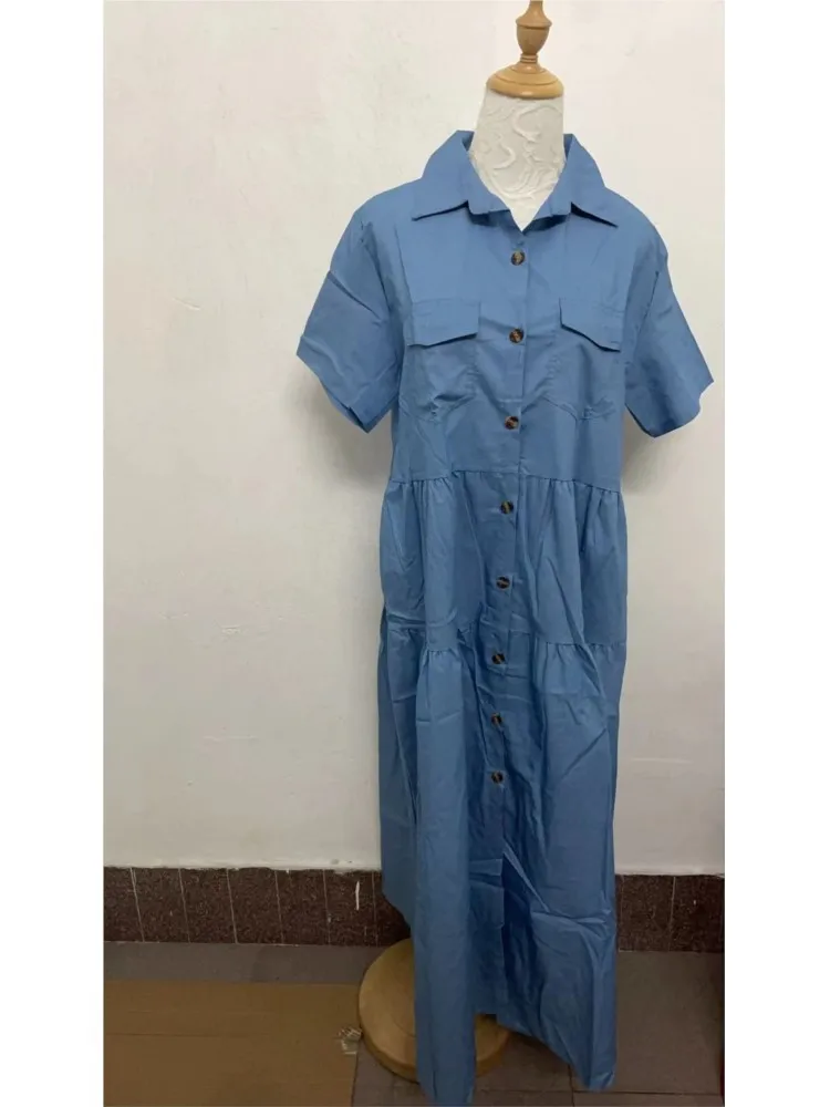 2024 Women\'s Spring Summer New Fashionable Cowboy Style Long Style Single Row Multi Button Vintage Short Sleeve Collar Dress