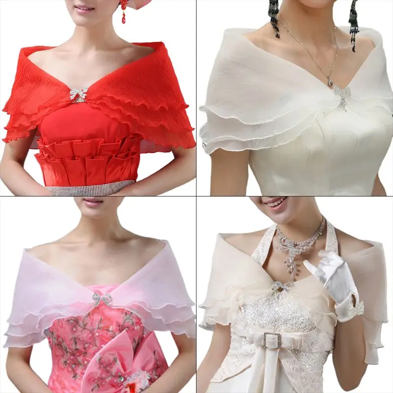 ZB91 Bridal Layered Ruffles Bolero Solid Color Tiers Wedding Shawl Shrug Wrap for Rhinestone Bowknot Off Shoulder Prom Capele