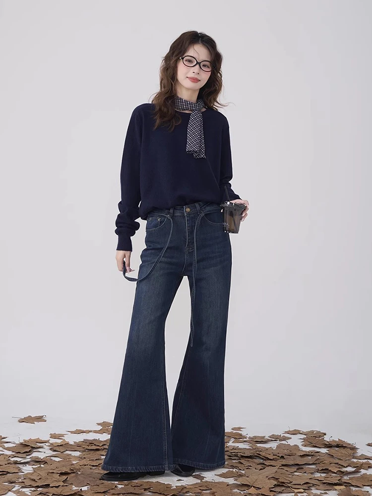 REDDACHiC Office Women Bootcut Wide Leg Pants Winter Thermal Cleanfit Casual Solid Belted Flare Jeans Minimalist Bell Bottoms