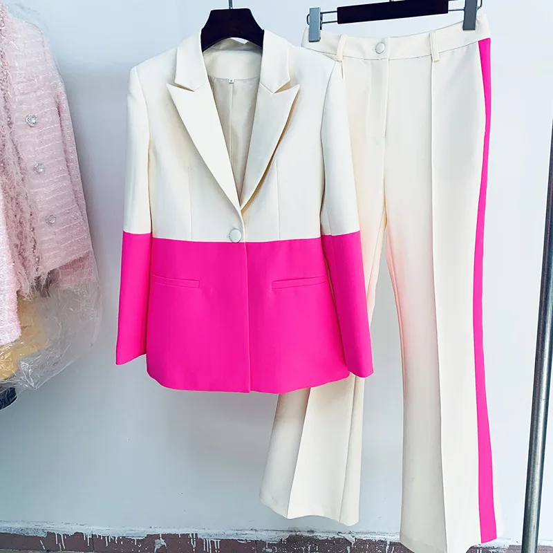 

Color Blocking Women Pants Suit Long Sleeve Peak Lapels Suit Coat Flared Trousers Elegant Multiple Colors Blazer Newest In Stock