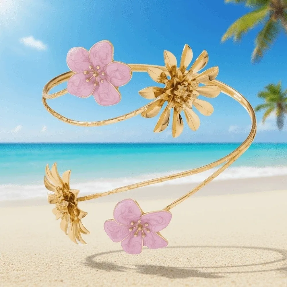 Enamel Glaze Flower Bracelet Adjustable Exaggerated Open Arm Bangle Exotic Style Exquisite Apricot Blossom Armband Hand Jewelry