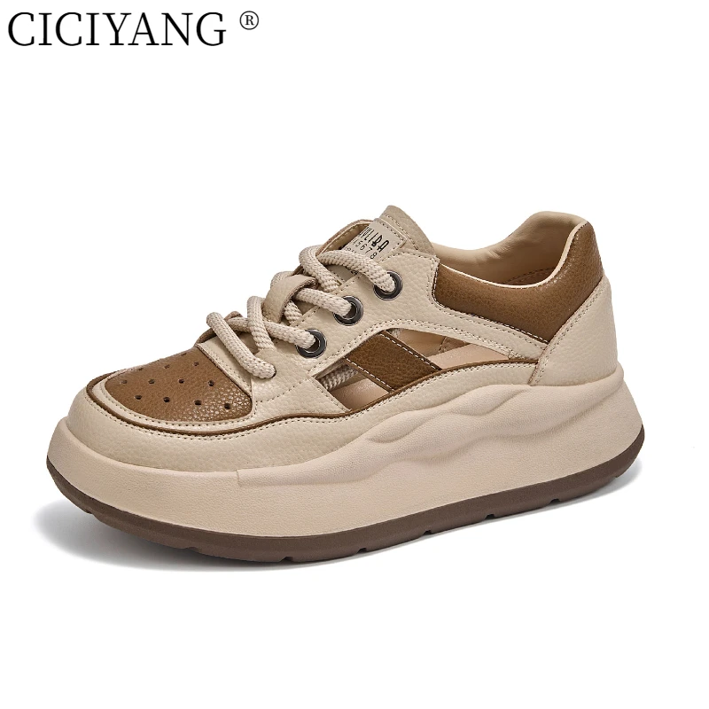 

CICIYANG Genuine Leather Women's Platform Sports Sandals 2025 Summer New Fashion Lace-up Hollow Sneakers for Female