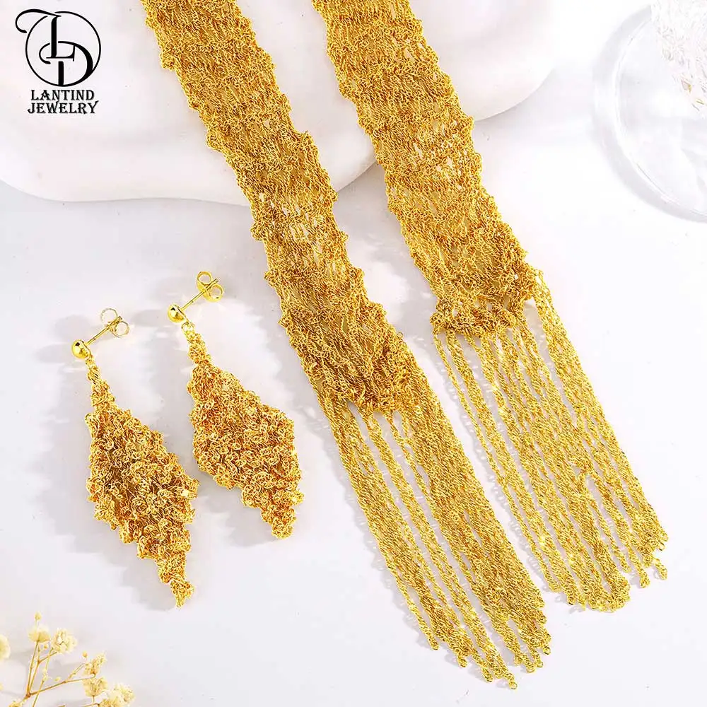 Bs00048 Dubai 24K Gold-Plated Handmade Sweater Long Necklace Middle Eastern Luxury Women's Earrings Copper Jewelry Two-Piece Set