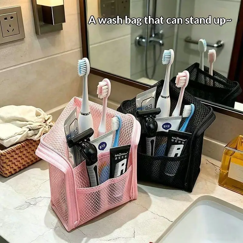 4Pcs Portable Standing Mesh Toiletry Bag Waterproof Travel Foldable Toothbrush Cosmetic Organizer Women Bathroom Storage Pouch