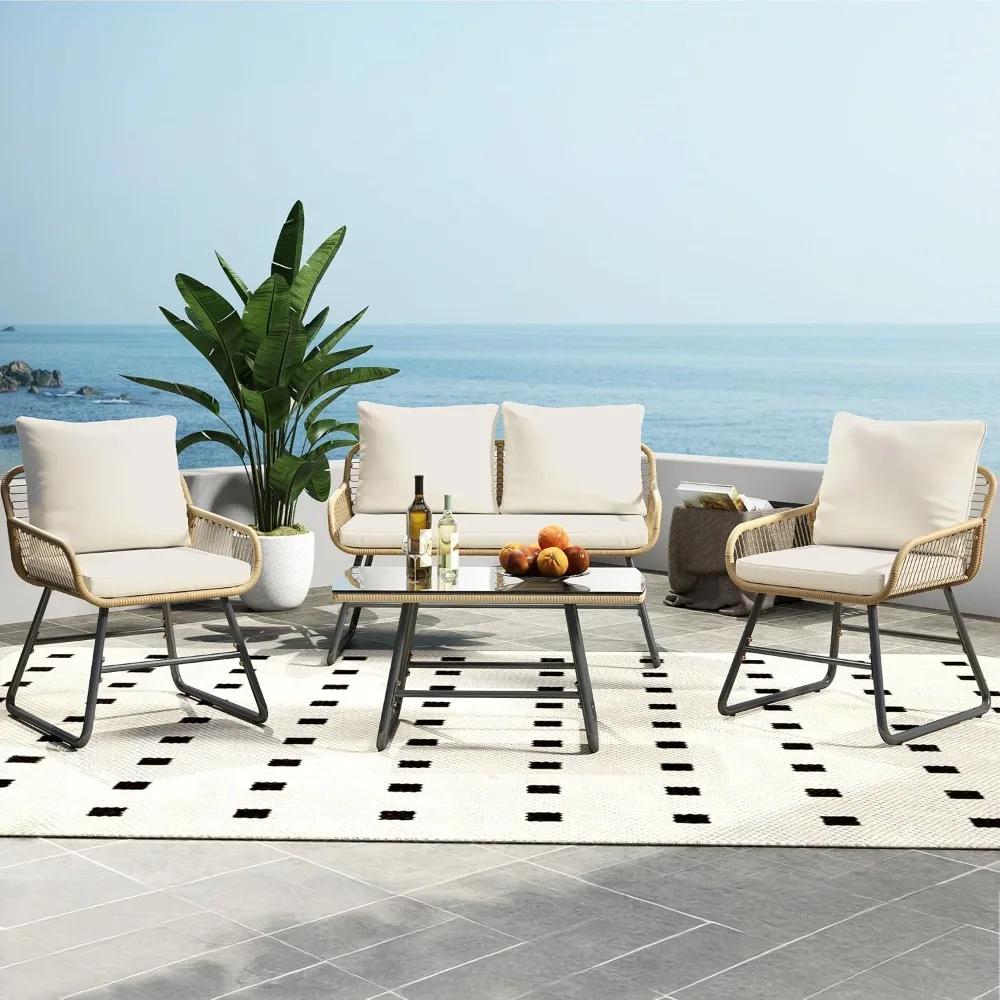 

4 Piece Patio Furniture Set, Outdoor Wicker Conversation Sets, Boho Loveseat & 2 Armchairs with Cushion and Pillow
