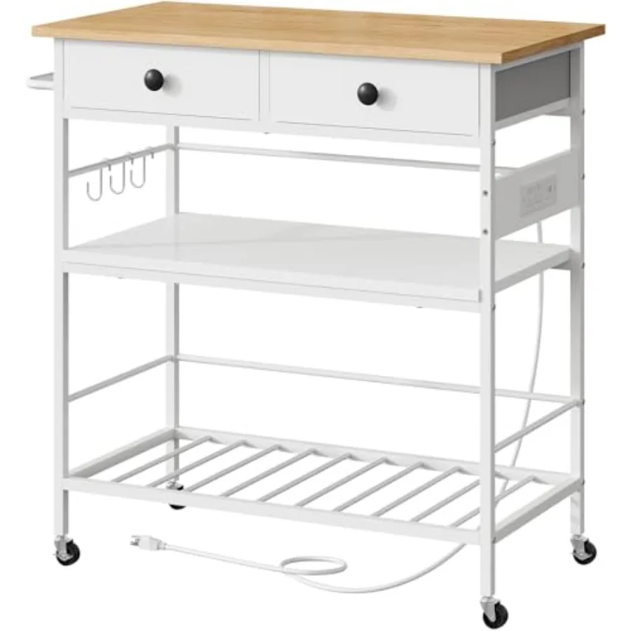 

Kitchen island for home use, natural and white wood, with 2 drawers, outlet, 3-tier coffee station and microwave stand, rolling