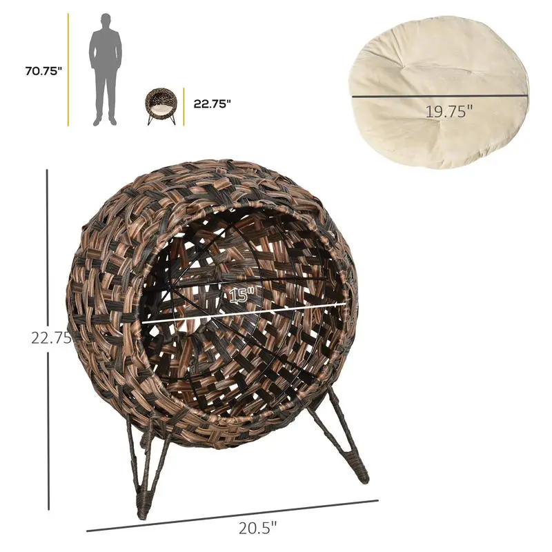 PawHut 20.5" Weaved Cat Bed, Elevated Hand-woven Braided Banana Leaf Kitten House Condo with Cushion, Brown view 3