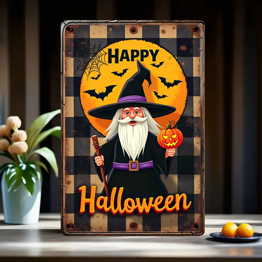 2D Flat One Piece 8x12 Inch Metal Sign with Happy Halloween Wizard and Jack O Lantern for Halloween Holiday Home Decor