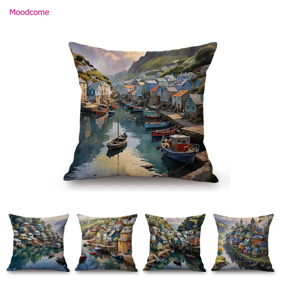 Beautiful Riverside Town Oil Painting Scenery Decoration Art Home Decorative Sofa Throw Pillow Case Linen Cushion Cover