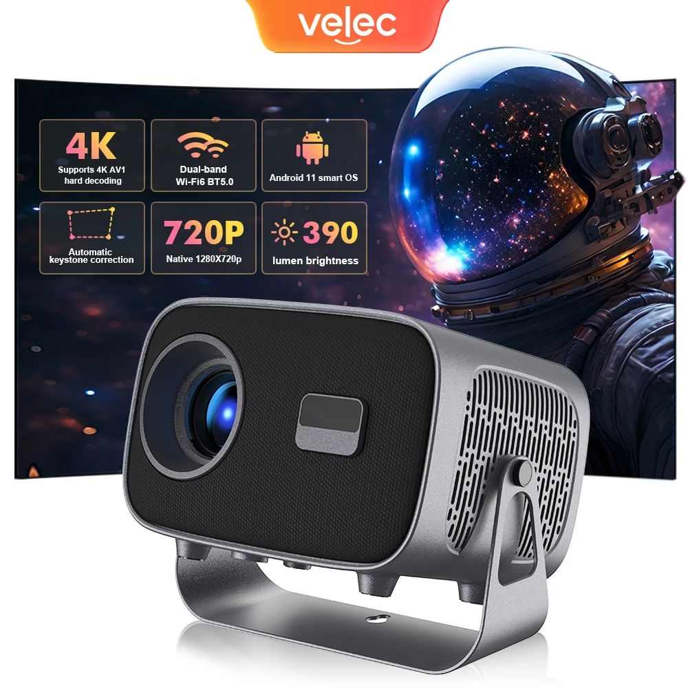 

Velec Mini Projector 360 Degree Rotate Android 11 4K 390ANSI Dual WiFi BT5.0 Electronic Focus Home Theater Portable Projector