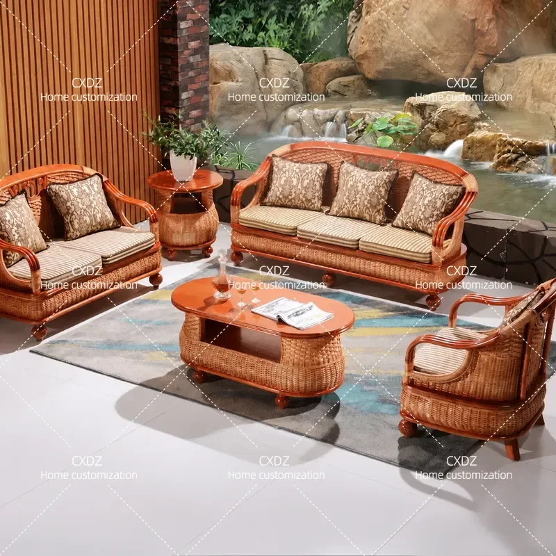Rattan Sofa Set 5 Piece Living Room Furniture with Coffee Table 3 Seater Wicker Couch for Hotel Engineering Project Outdoor