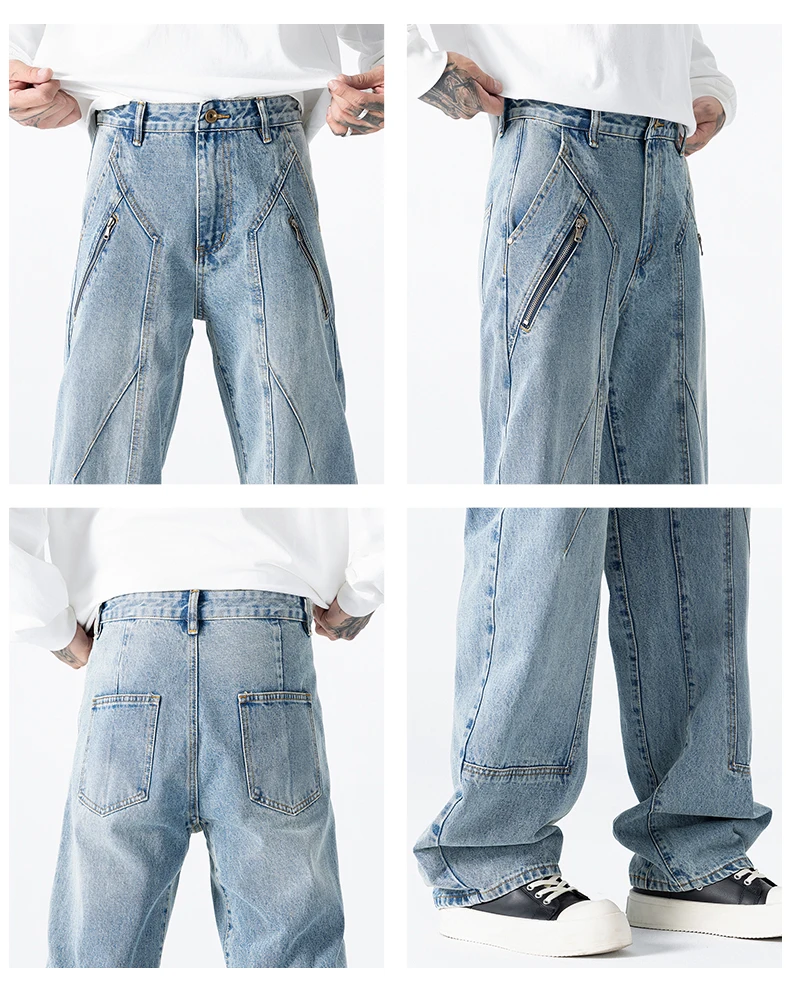 Épissure fermeture éclair Denim pantalon jean hommes Streetwear mode ample décontracté grande taille jambe large Cargo machette pantalon Baggy jean pantalon