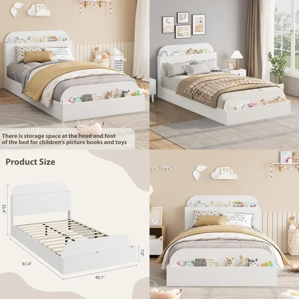 

Twin Size Wooden Bed with Storage, Raised Headboard, Low Platform Design, White