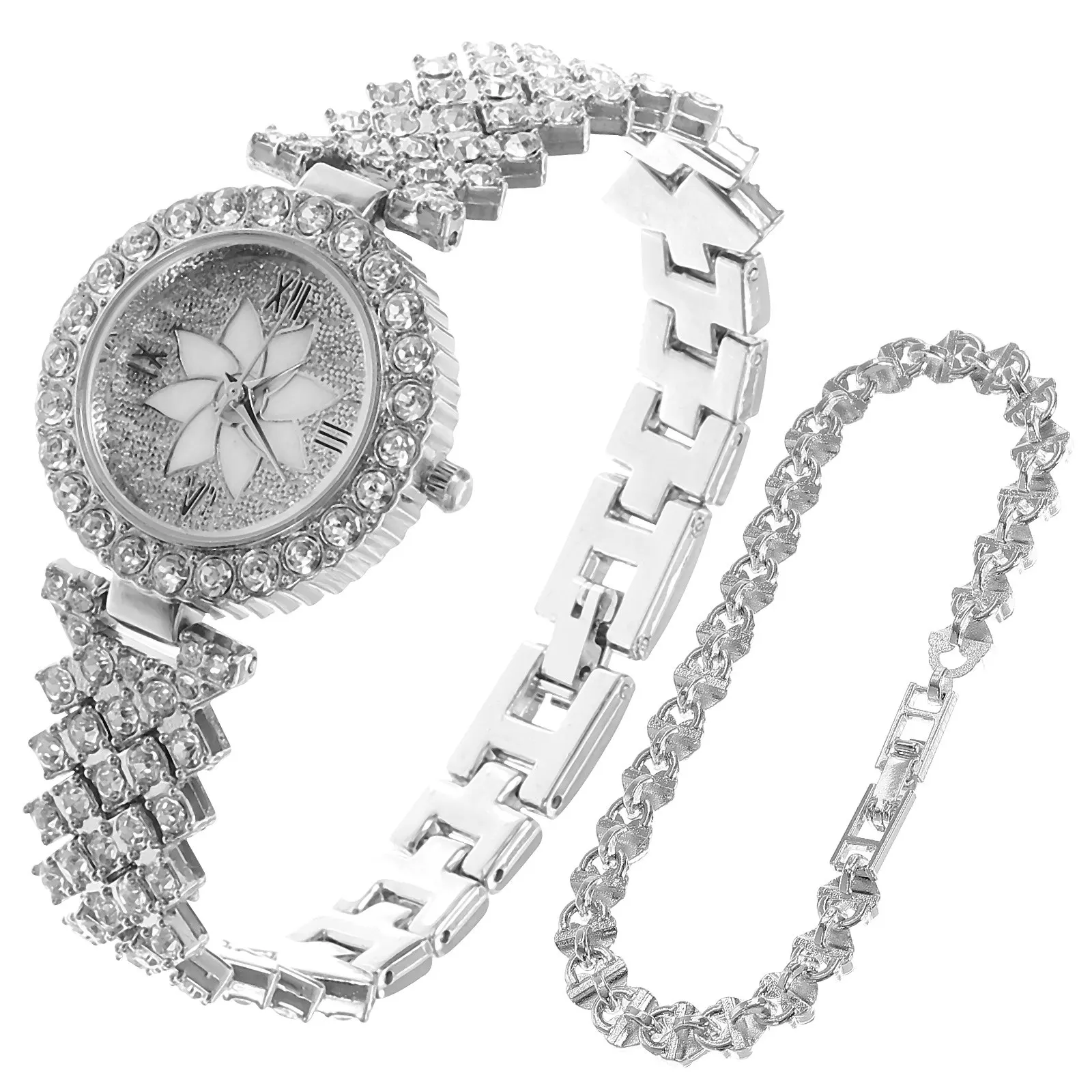 

Women Rhinestone Watch and Bracelet Set Luxury Sparkling Quartz Wristwatch with Safety Hook Closure for Gift Matching Any Outfit