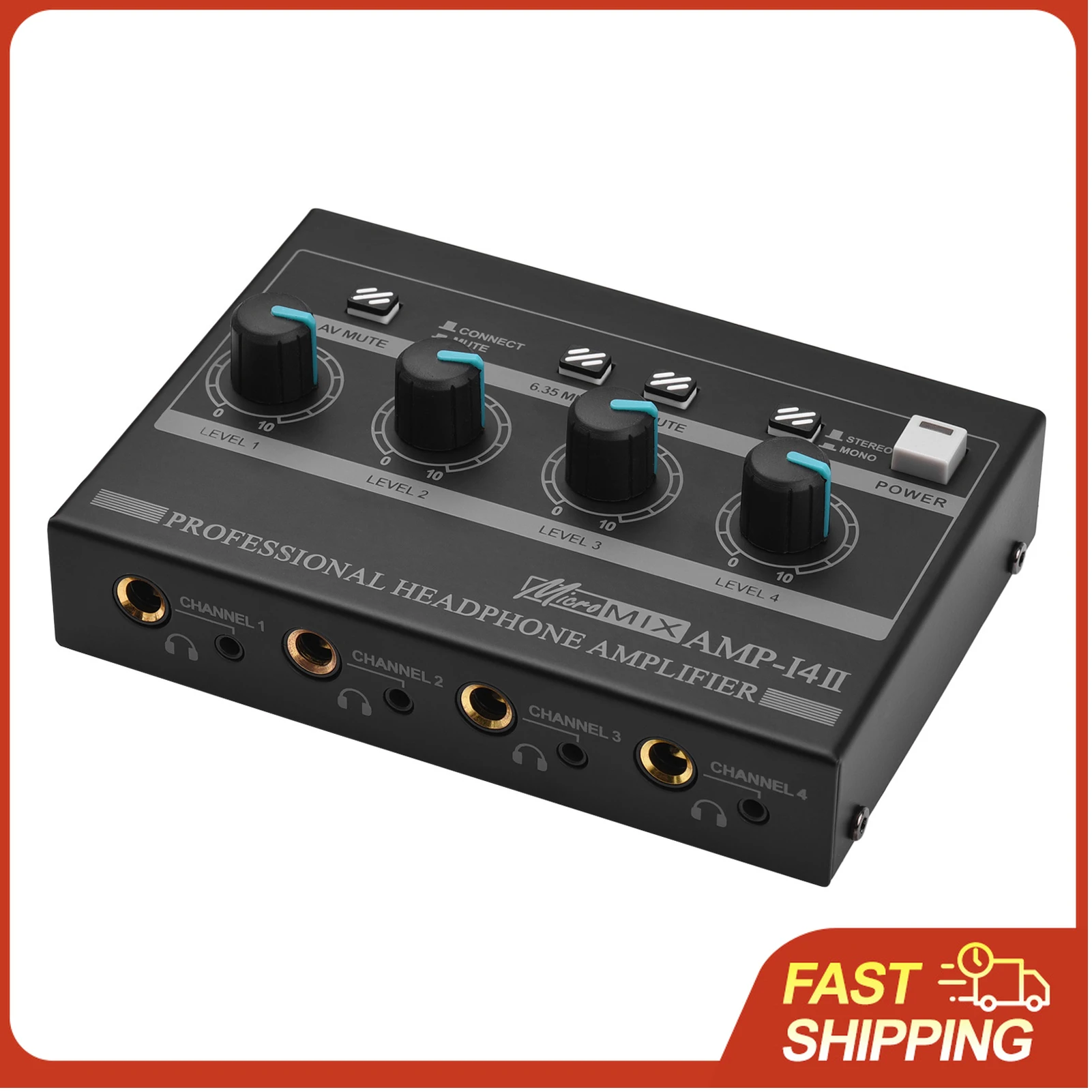 

Усилитель для наушников AMP-14, 4-канальный, компактный, стерео, с входами RCA/6.35мм/3.5мм и регулятором громкости